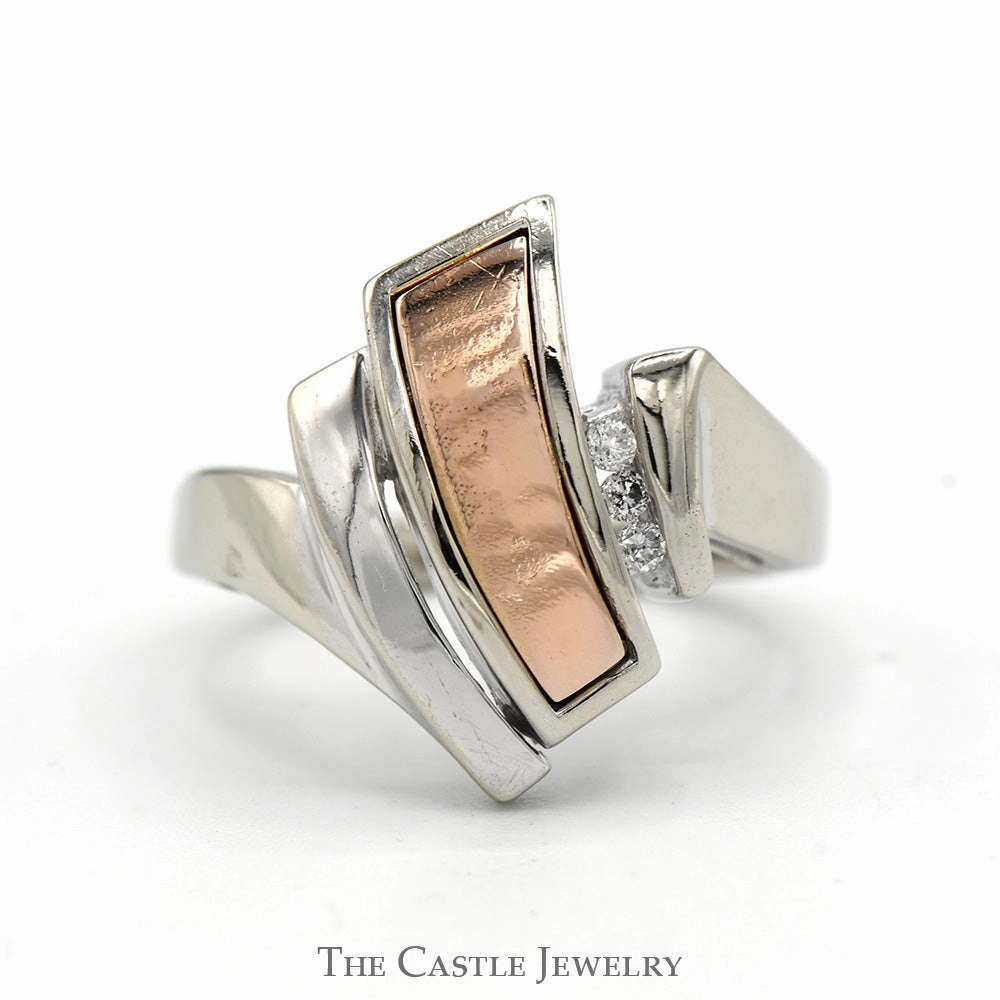 Artisan Design High-Quality Design Two Toned Geometric Wave Ring with Diamond Accents in 14k White & Rose Gold
