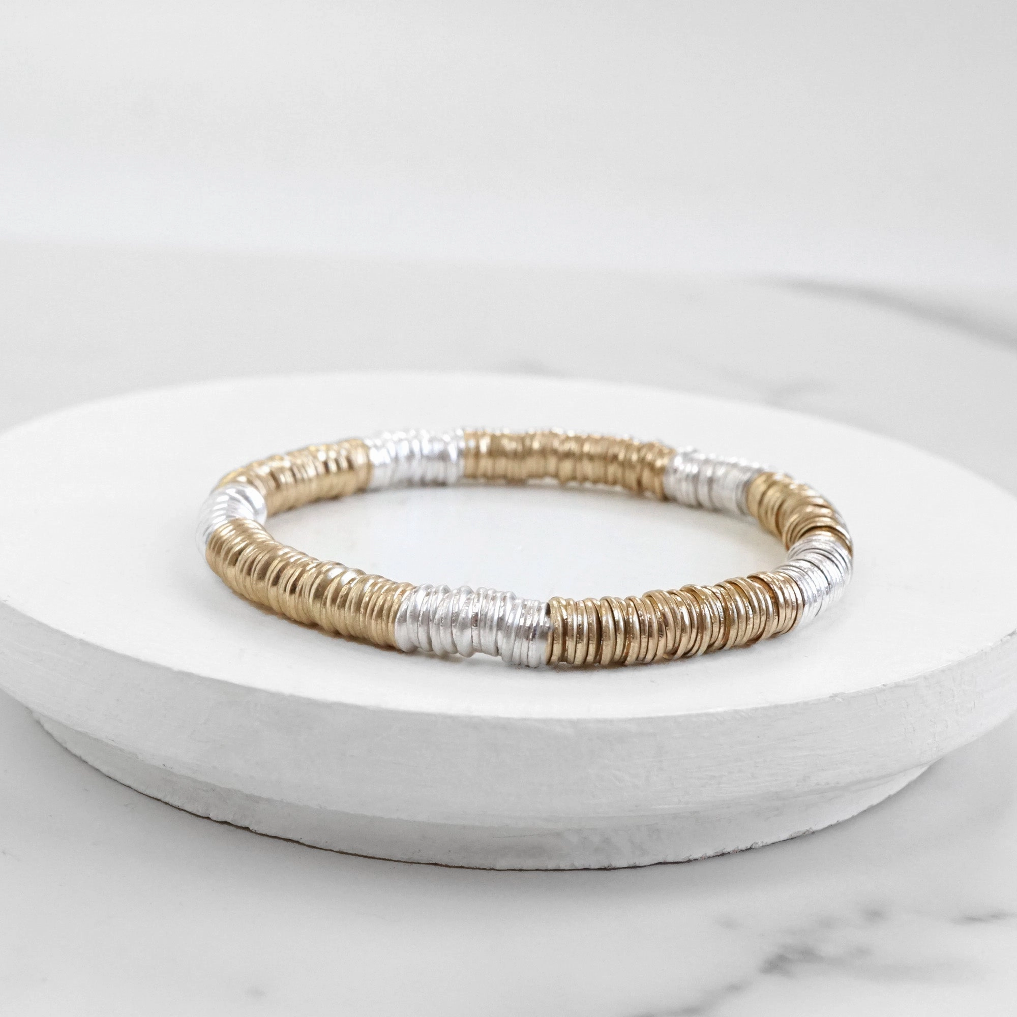 Good Bargain Genuine Class Heishi Disc Boho beaded stretchy bracelet - Silver Gold Tone