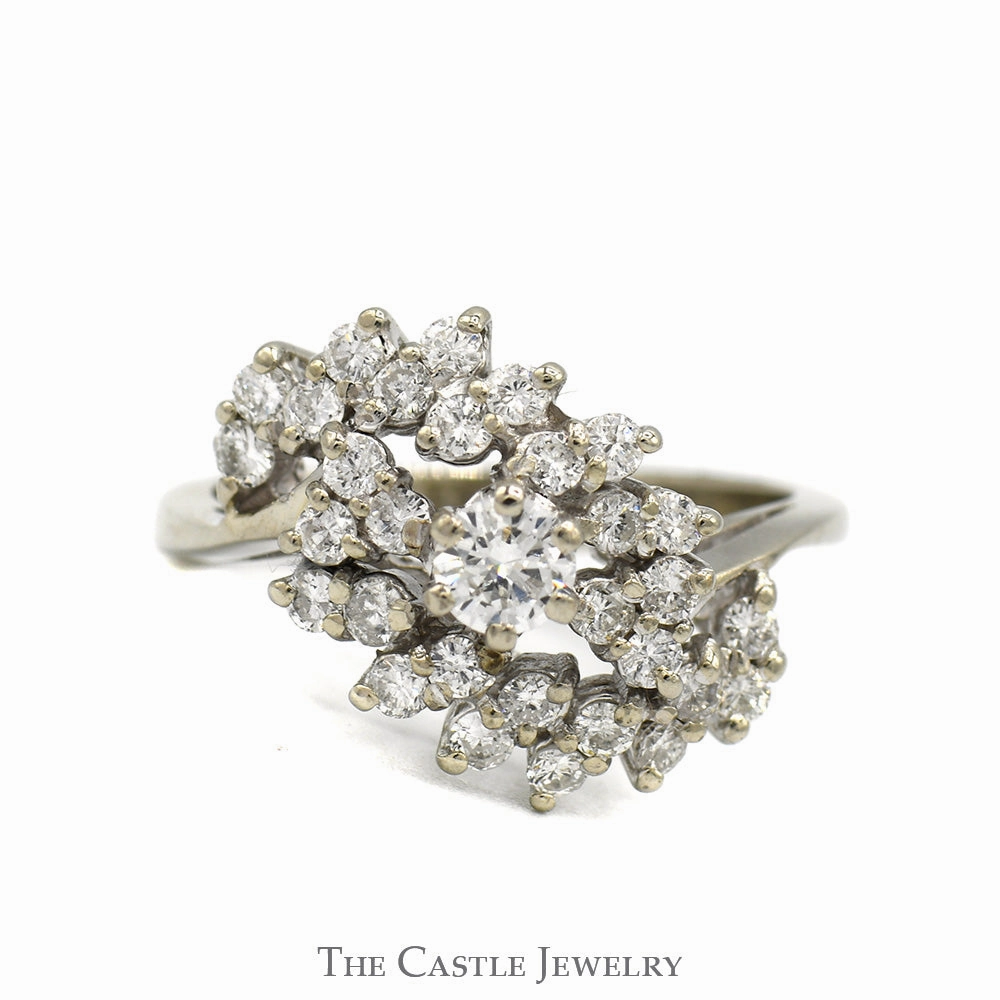 1cttw Swirled Diamond Cluster Ring in 14k White Gold Branded Statement