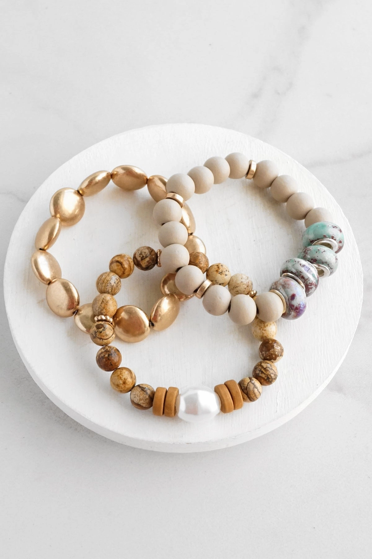 Angelic Blends Favorable Composites Bracelet Stack of 3 pieces Neutrals Wood Metal and Jasper Stone beads