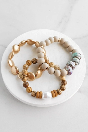 Angelic Blends Favorable Composites Bracelet Stack of 3 pieces Neutrals Wood Metal and Jasper Stone beads