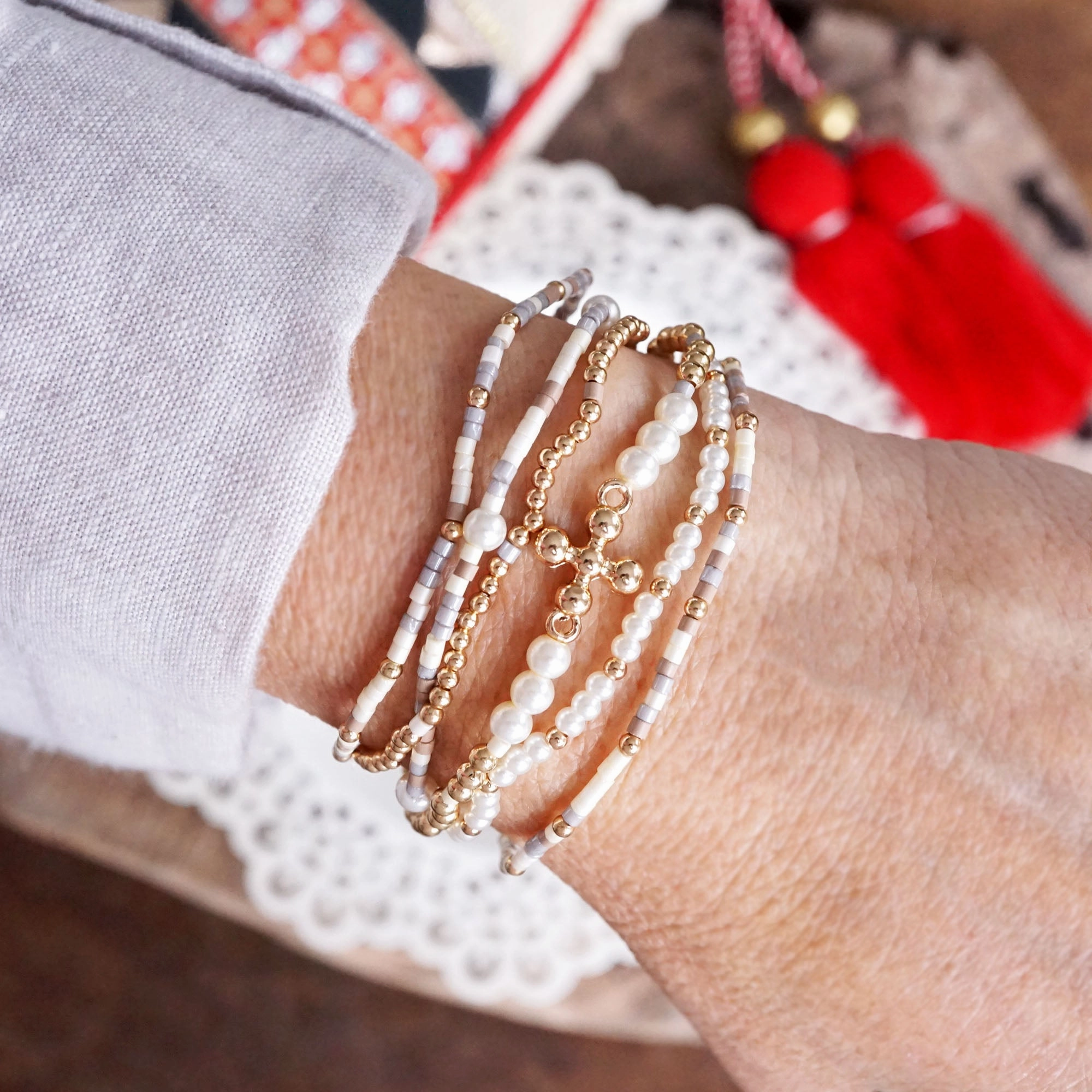 Never-Ending Charm Beachside Beauty Cross, Pearls & Miyuki Beaded Bracelet Set ?C Effortlessly Elegant
