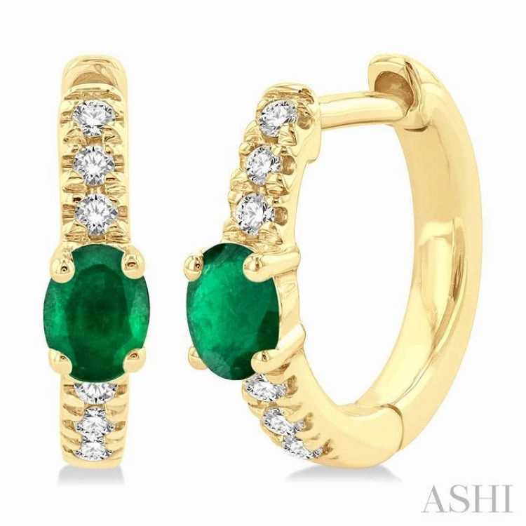 Seasonal Gift Stylish Edge 4X3 MM Oval Cut Emerald and 1/10 Ctw Petite Round Cut Diamond Fashion Huggies in 10K Yellow Gold