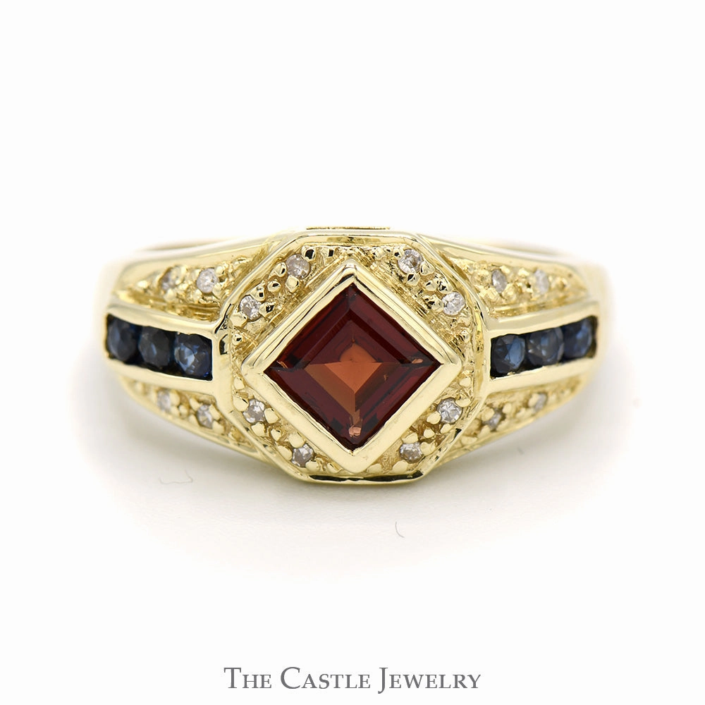 Square Garnet and Round Sapphire Ring with Diamond Accents in 14k Yellow Gold Animal Print