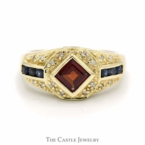 Square Garnet and Round Sapphire Ring with Diamond Accents in 14k Yellow Gold Animal Print