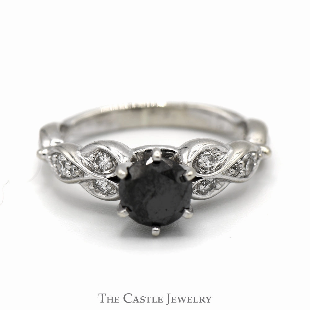 Layering Essential Lightweight Style Black Diamond Solitaire Engagement Ring with Round Diamond Accents in 10k White Gold Twisted Mounting