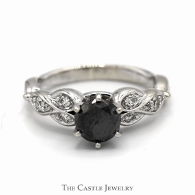 Layering Essential Lightweight Style Black Diamond Solitaire Engagement Ring with Round Diamond Accents in 10k White Gold Twisted Mounting