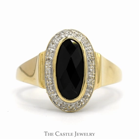 Oblong Oval Cut Black Onyx Shield Ring with Diamond Halo in 10k Yellow Gold Night Out