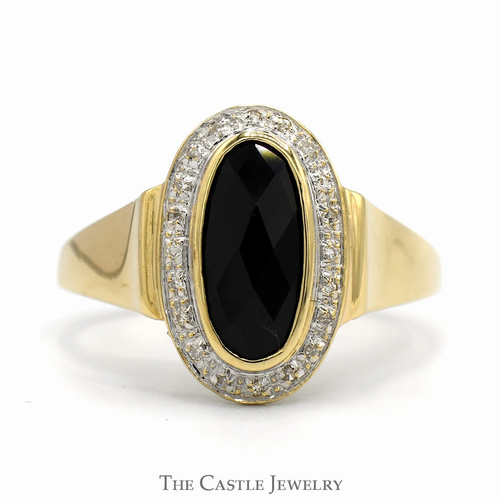 Oblong Oval Cut Black Onyx Shield Ring with Diamond Halo in 10k Yellow Gold Night Out