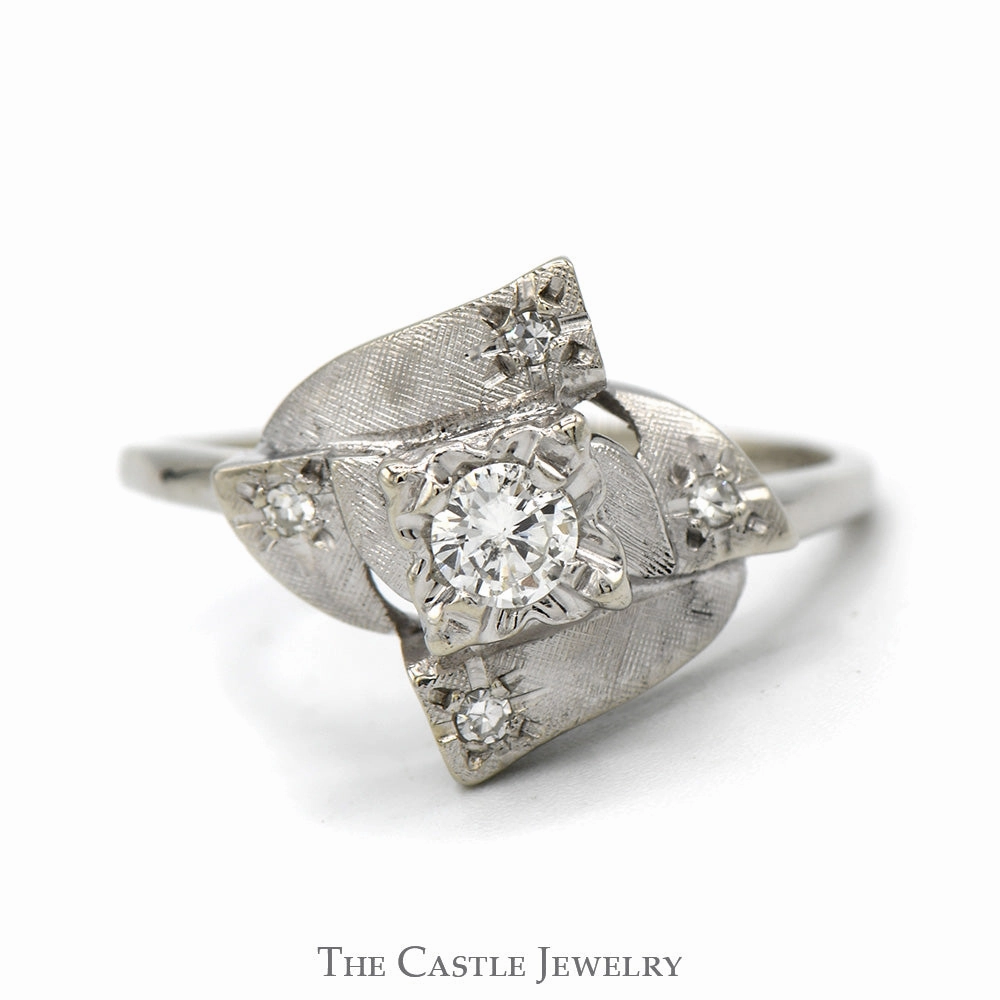Unique Antique Style Diamond Ring with Brushed Texture in 14k White Gold Fun Accent Rounded Corner