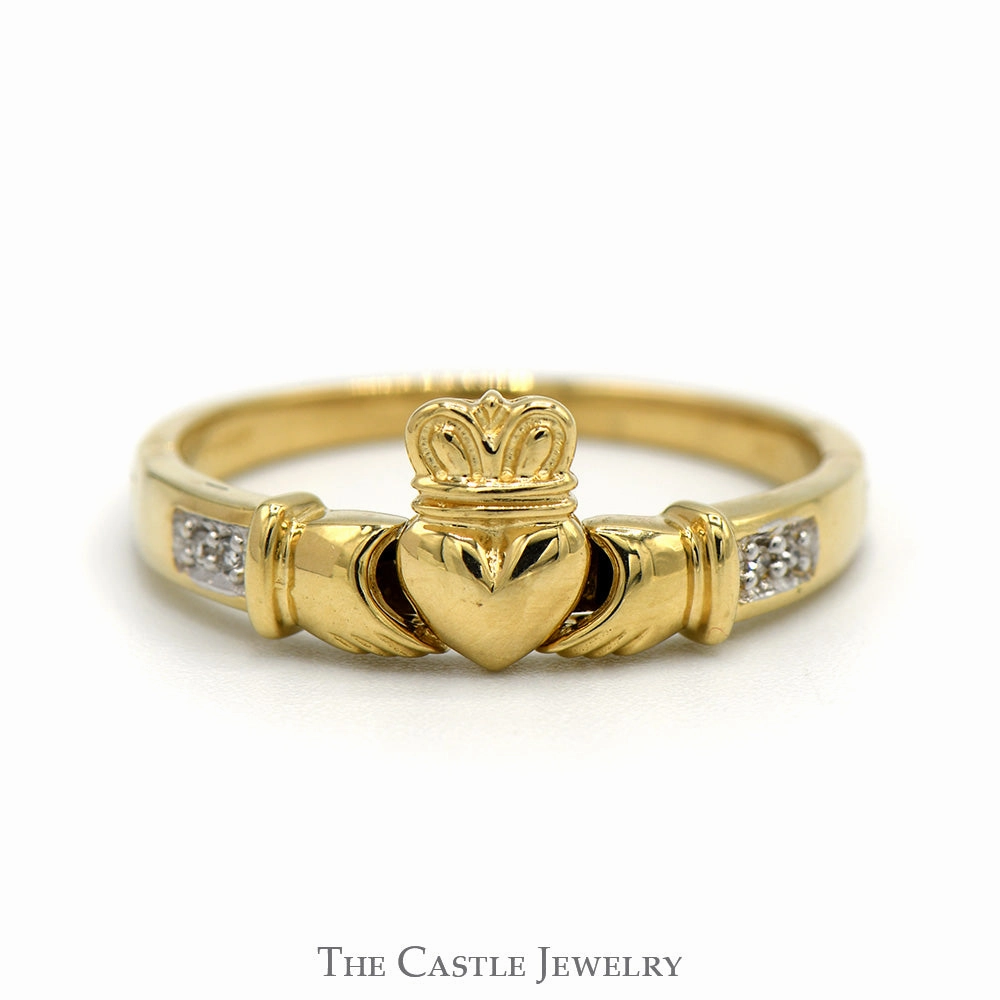 Diamond Accented Claddagh Ring in 14k Yellow Gold Classic revival