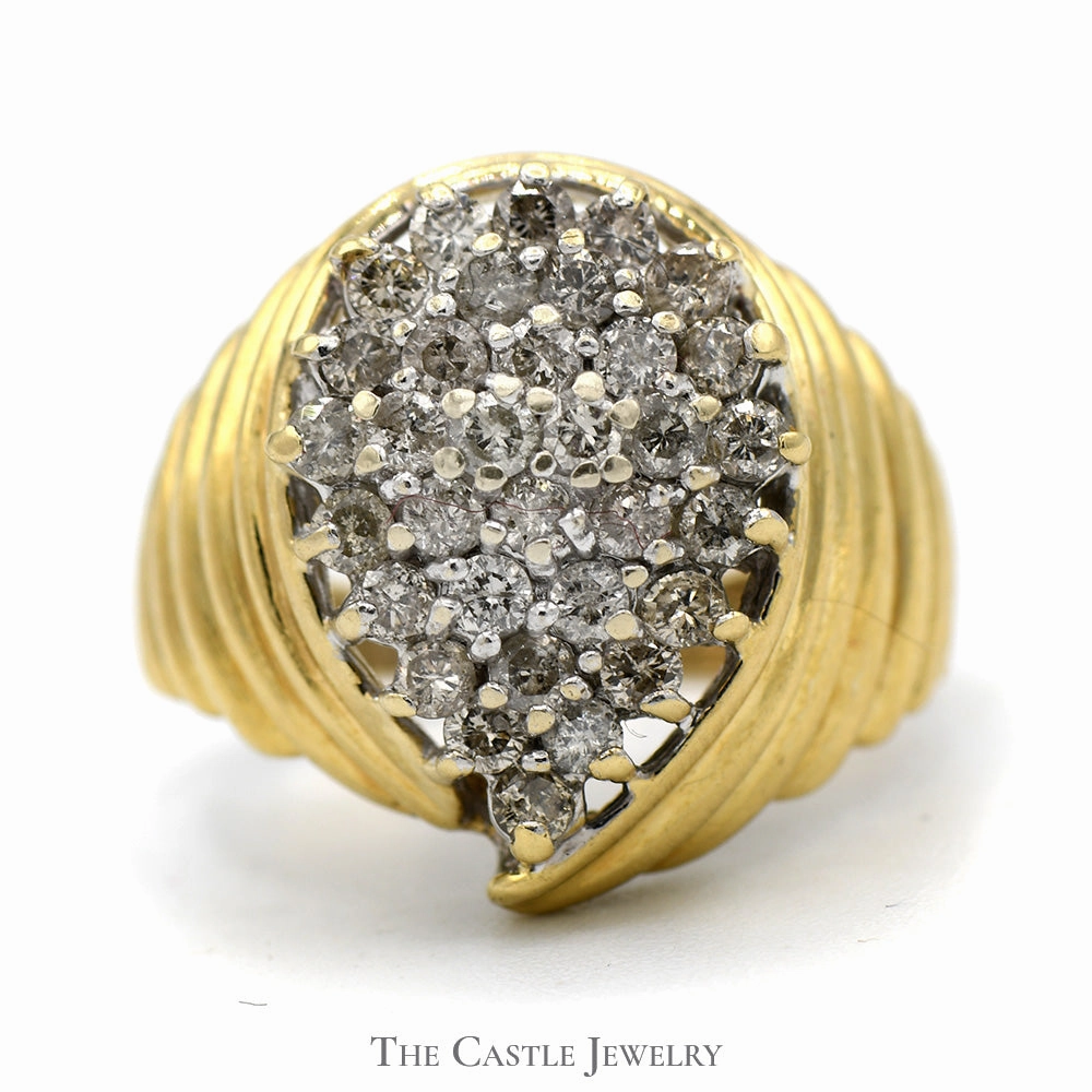 Low-Cost Craft Malleable Metal Pear Shaped 1cttw Round Diamond Cluster Ring with Ridged Sides in 10k Yellow Gold