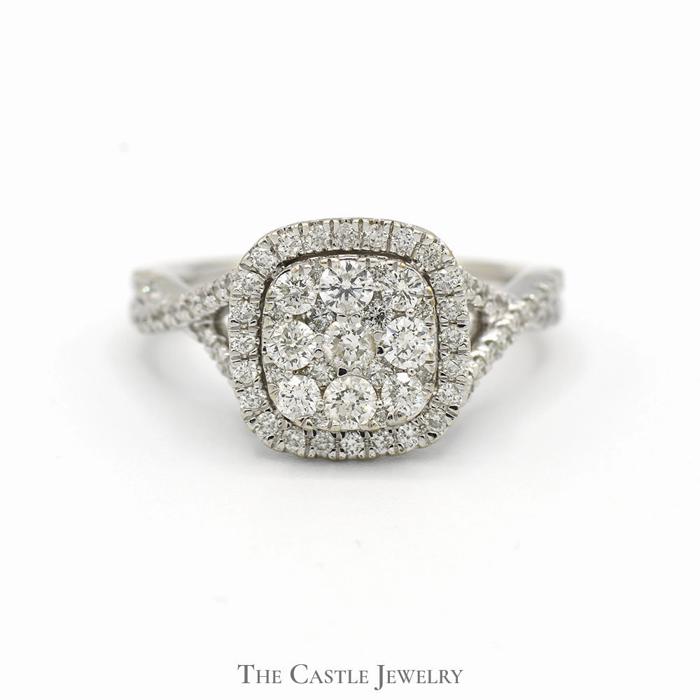 Square Shaped Diamond Cluster Ring with Diamond Halo and Accents in 14k White Gold Modern Mood Classic Insignia