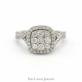 Square Shaped Diamond Cluster Ring with Diamond Halo and Accents in 14k White Gold Modern Mood Classic Insignia