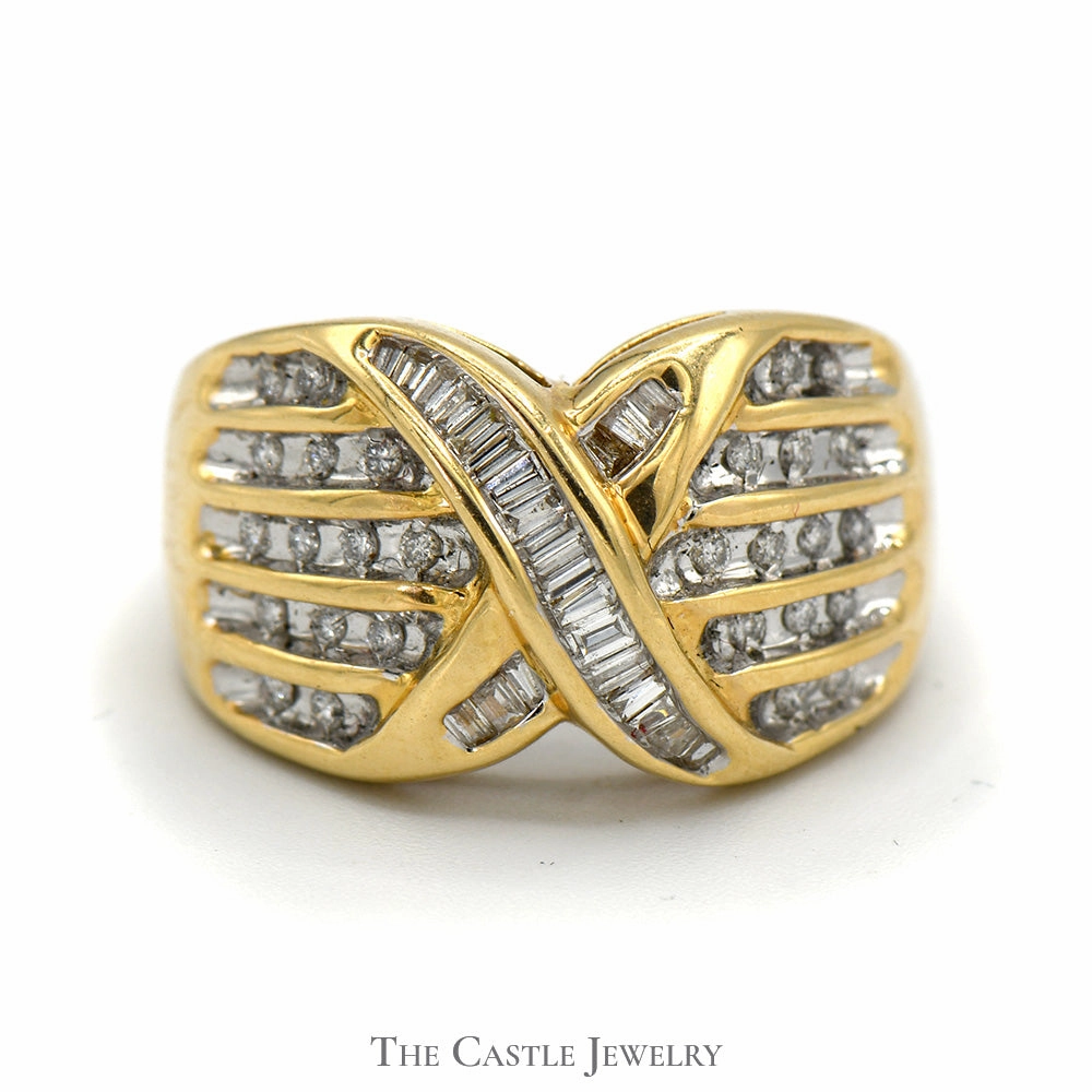 3/4cttw Round and Baguette Diamond Crossover Cluster Ring in 14k Yellow Gold Vintage design
