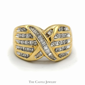 3/4cttw Round and Baguette Diamond Crossover Cluster Ring in 14k Yellow Gold Vintage design