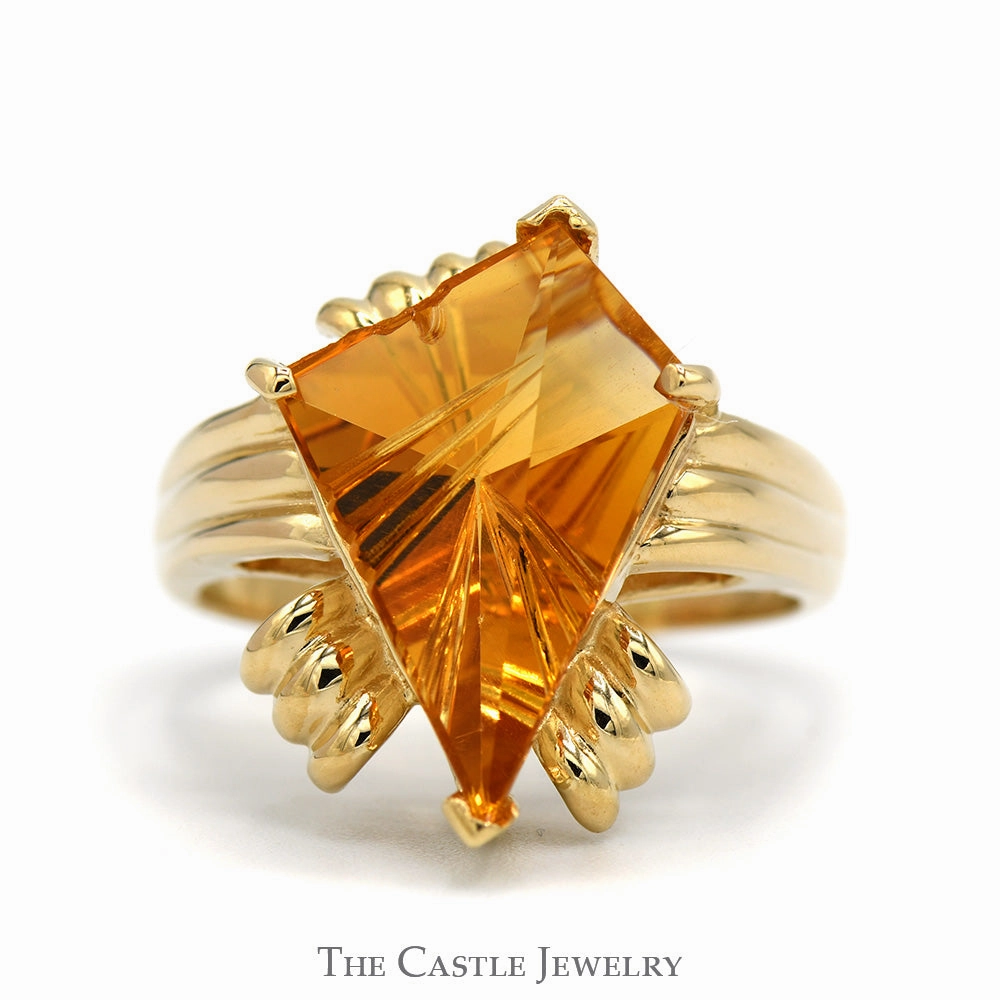 High-End Accessory Unique Kite Cut Citrine Ring in 10k Yellow Gold Ridged Mounting
