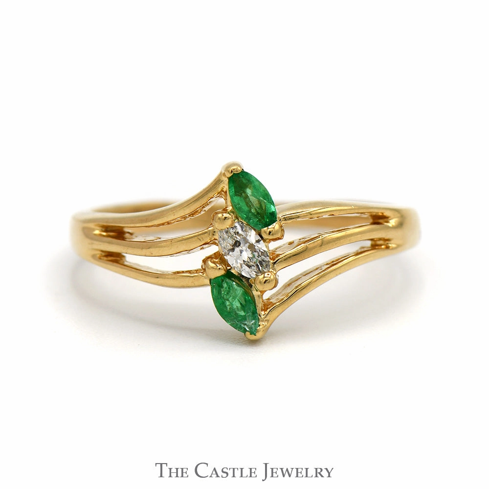 Marquise Cut Emerald & Diamond Vertical Three Stone Ring in 14k Yellow Gold Triple Split Shank Setting Personal Ornament