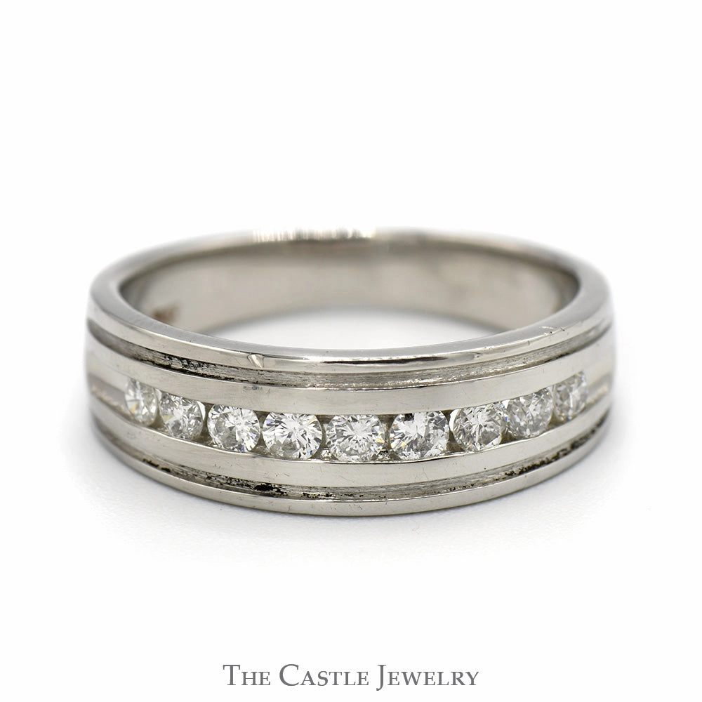 Luxurious Appearance Channel Set Diamond Wedding Band with Grooved Detail in Platinum