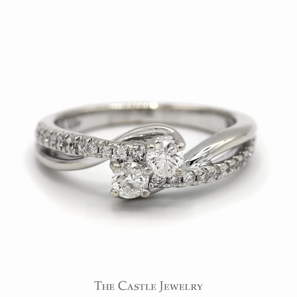 Ever Us Double Diamond Bypass Ring with Diamond Accented Sides in 14k White Gold Charming Accent man made