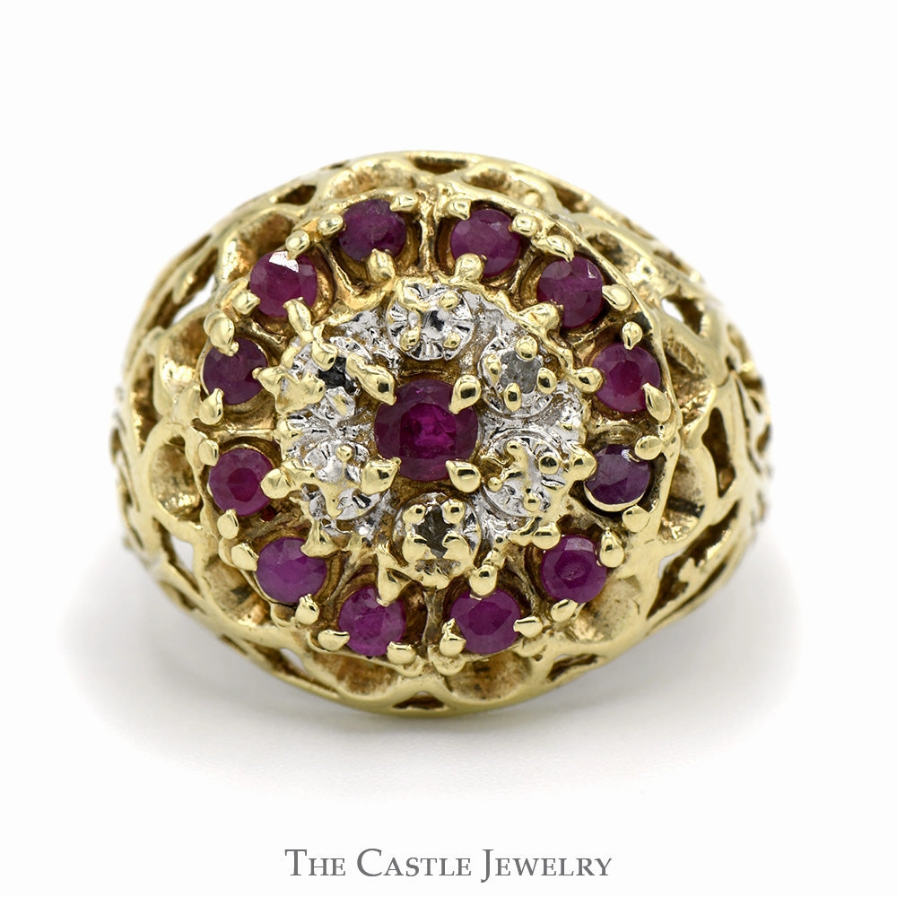 Ruby and Diamond Kentucky Cluster Ring with Filigree Sides in 10k Yellow Gold Senior Gift