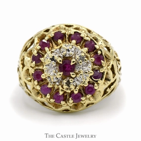 Ruby and Diamond Kentucky Cluster Ring with Filigree Sides in 10k Yellow Gold Senior Gift