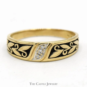 Joyful Gift Triple Diamond Band with Leaf and Black Enamel Design in 14k Yellow Gold