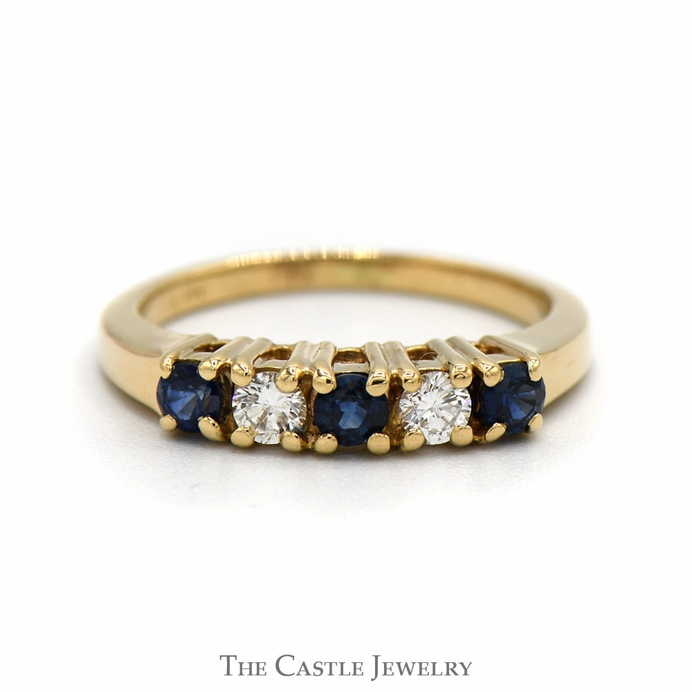 Branded Ornament Alternating Round Sapphire & Diamond Band in 14k Yellow Gold