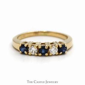 Branded Ornament Alternating Round Sapphire & Diamond Band in 14k Yellow Gold