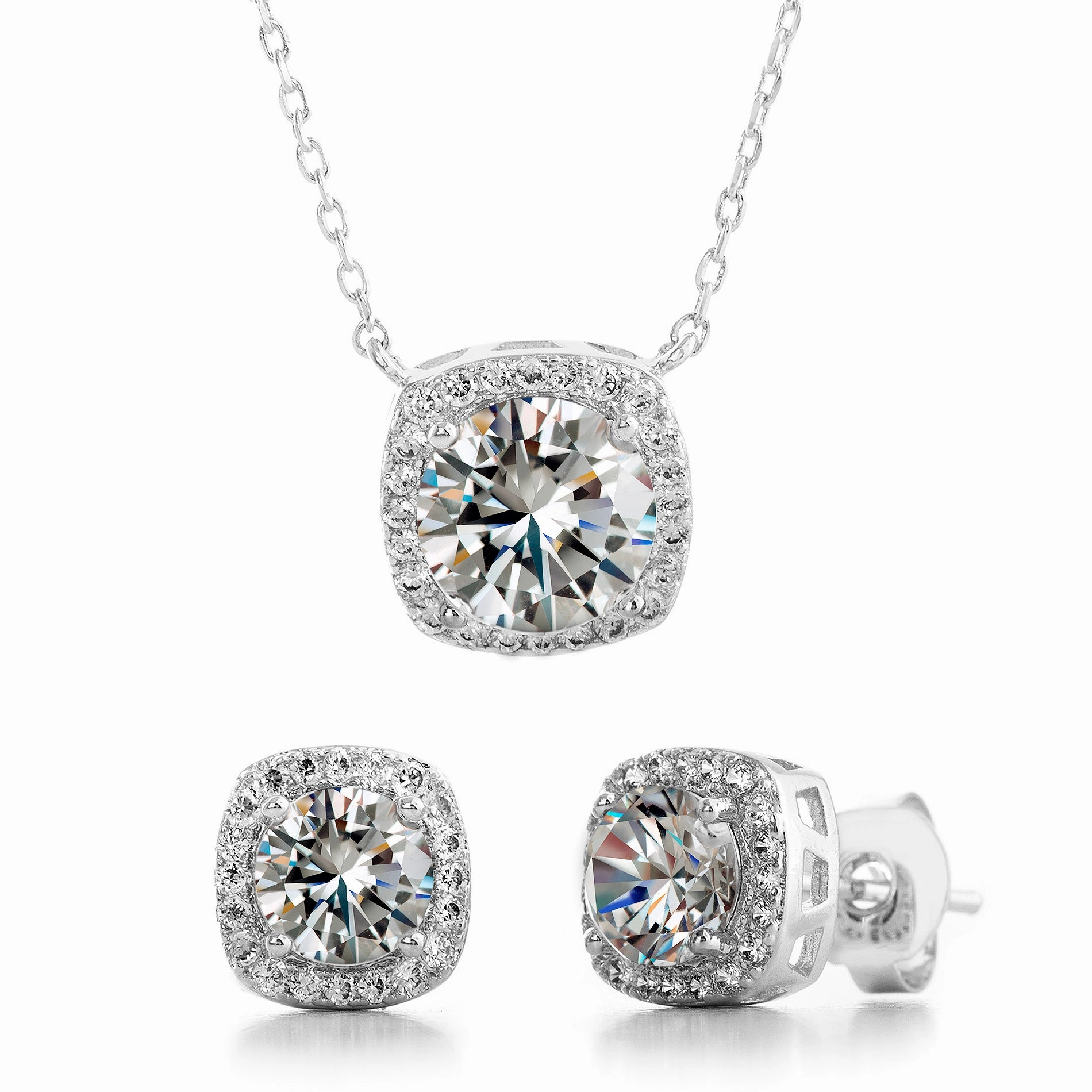 Perfect Gift Affordable Design Cushion Shaped Halo Crystal Stud Earrings and Pendant 2pc Set