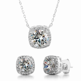 Perfect Gift Affordable Design Cushion Shaped Halo Crystal Stud Earrings and Pendant 2pc Set