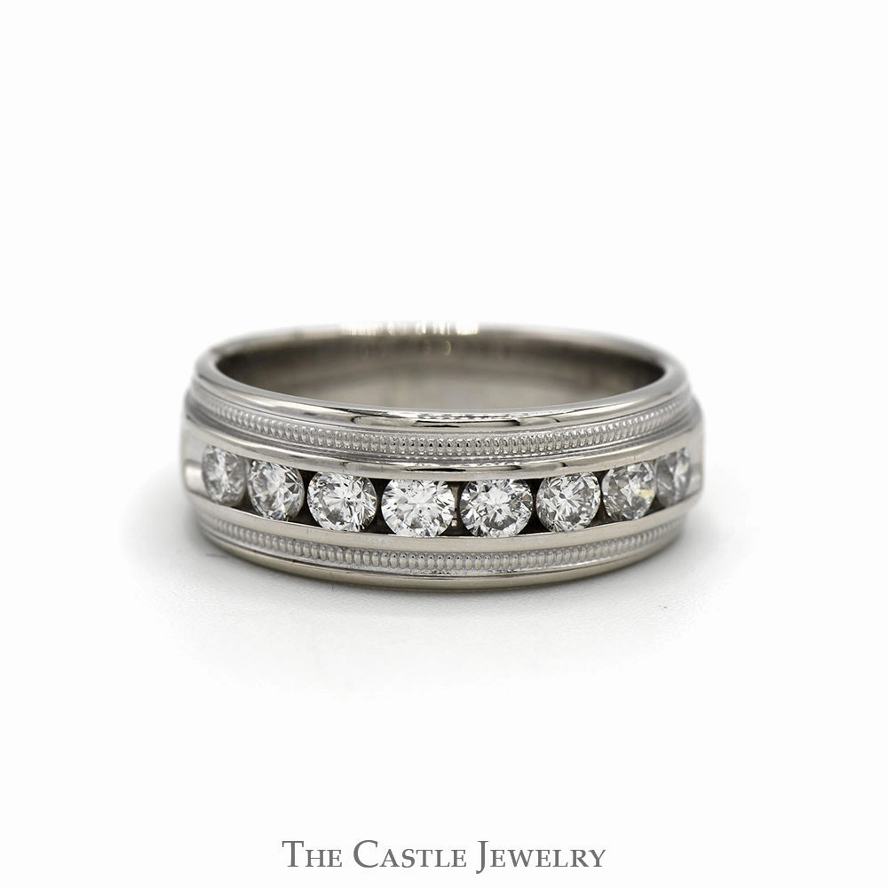 Ornate Detail Fine Art Men's Channel Set 8 Diamond Wedding Band with Milgrain Detail in 14k White Gold