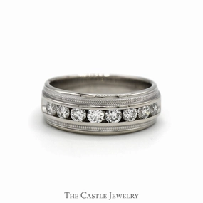 Ornate Detail Fine Art Men's Channel Set 8 Diamond Wedding Band with Milgrain Detail in 14k White Gold