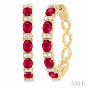Glow Ready 4X3 MM Oval Cut Ruby and 1/4 ctw Round Cut Diamond Precious Hoop Earring in 14K Yellow Gold