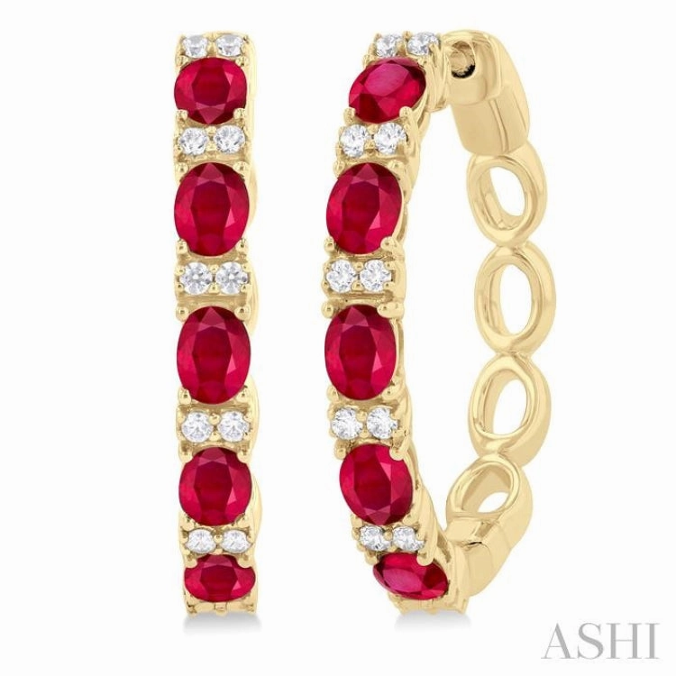 Glow Ready 4X3 MM Oval Cut Ruby and 1/4 ctw Round Cut Diamond Precious Hoop Earring in 14K Yellow Gold