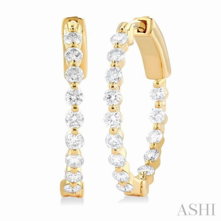 Red Carpet Trendy Spark 1 ctw Inside-Out Single Prong Set Round Cut Diamond Hoop Earrings in 14K Yellow Gold