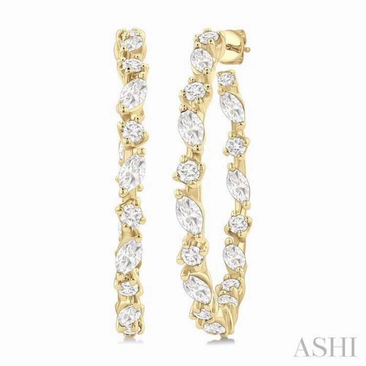 1 1/6 Ctw Inside & Outside Marquise and Round Cut Diamond Fashion Open Hoop Earrings in 14K Yellow Gold Crisp Style