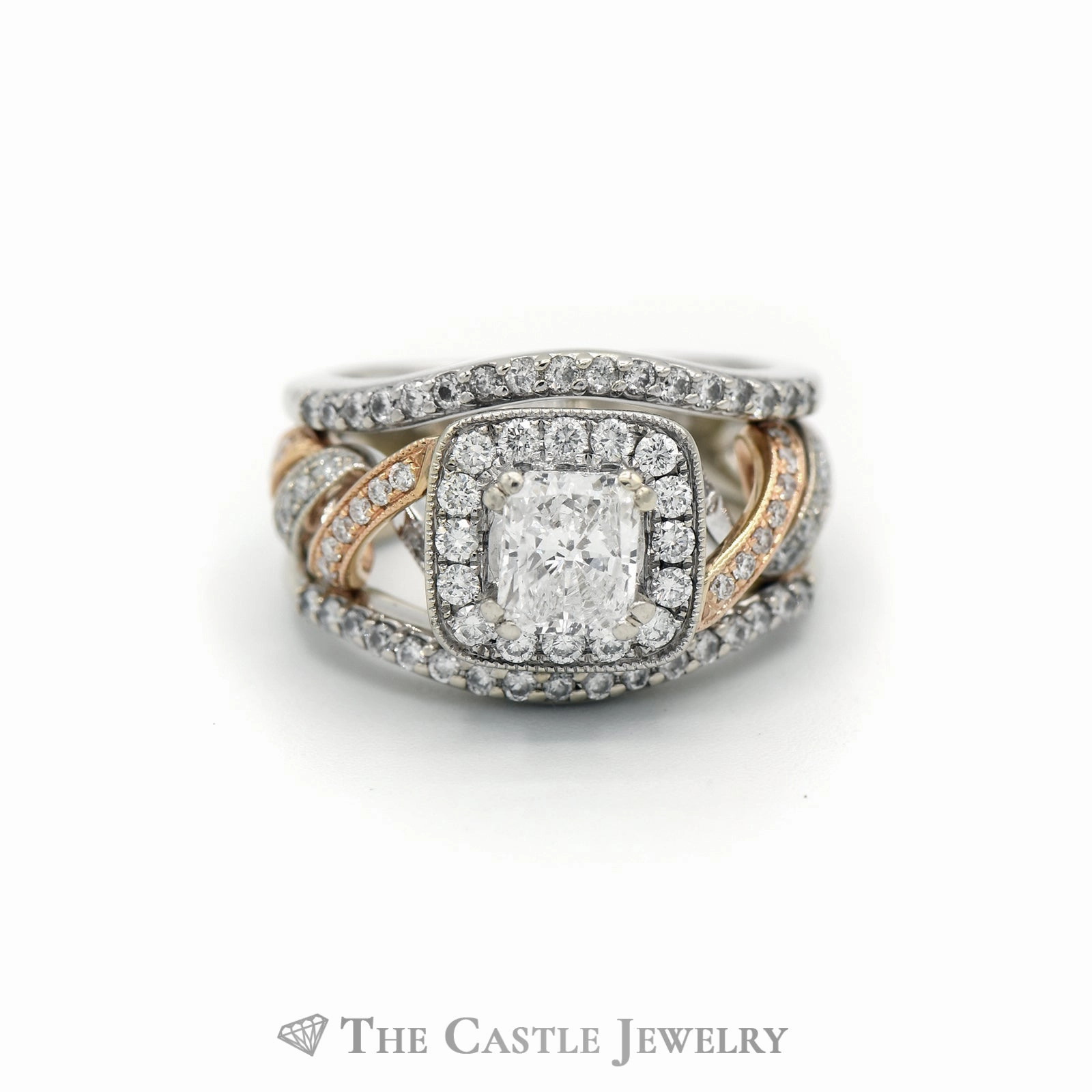 Charming Gift 2.44CTTW Diamond Halo Engagement Ring with Soldered Bands in 14KT Rose & White Gold