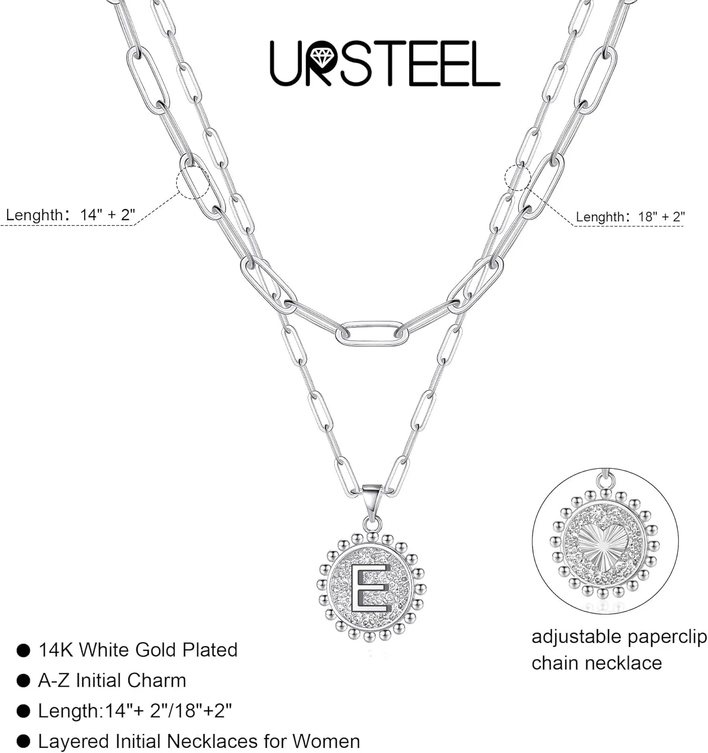 Ursteel Layered Initial Necklaces for Women - 14K Gold Plated Dainty Layering Paperclip Chain Necklaces for Women Jewelry