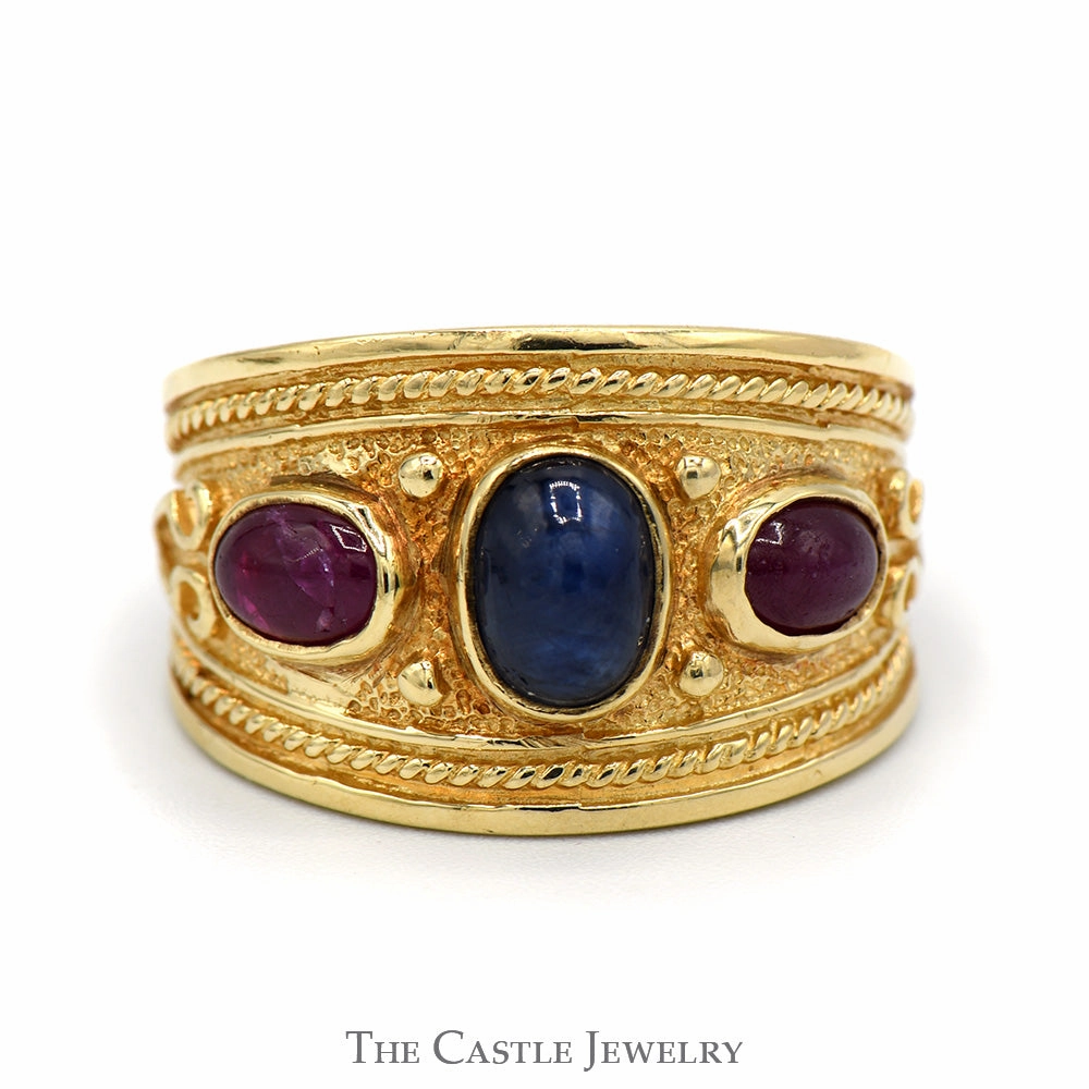 Graceful Detail Bezel Set Cabochon Sapphire and Ruby Band with Engraved Ornate Detailing in 10k Yellow Gold