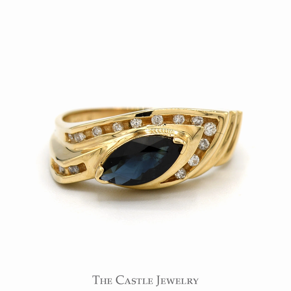 Side Set Marquise Cut Sapphire Ring with Diamond Accents in 14k Yellow Gold Contemporary Product