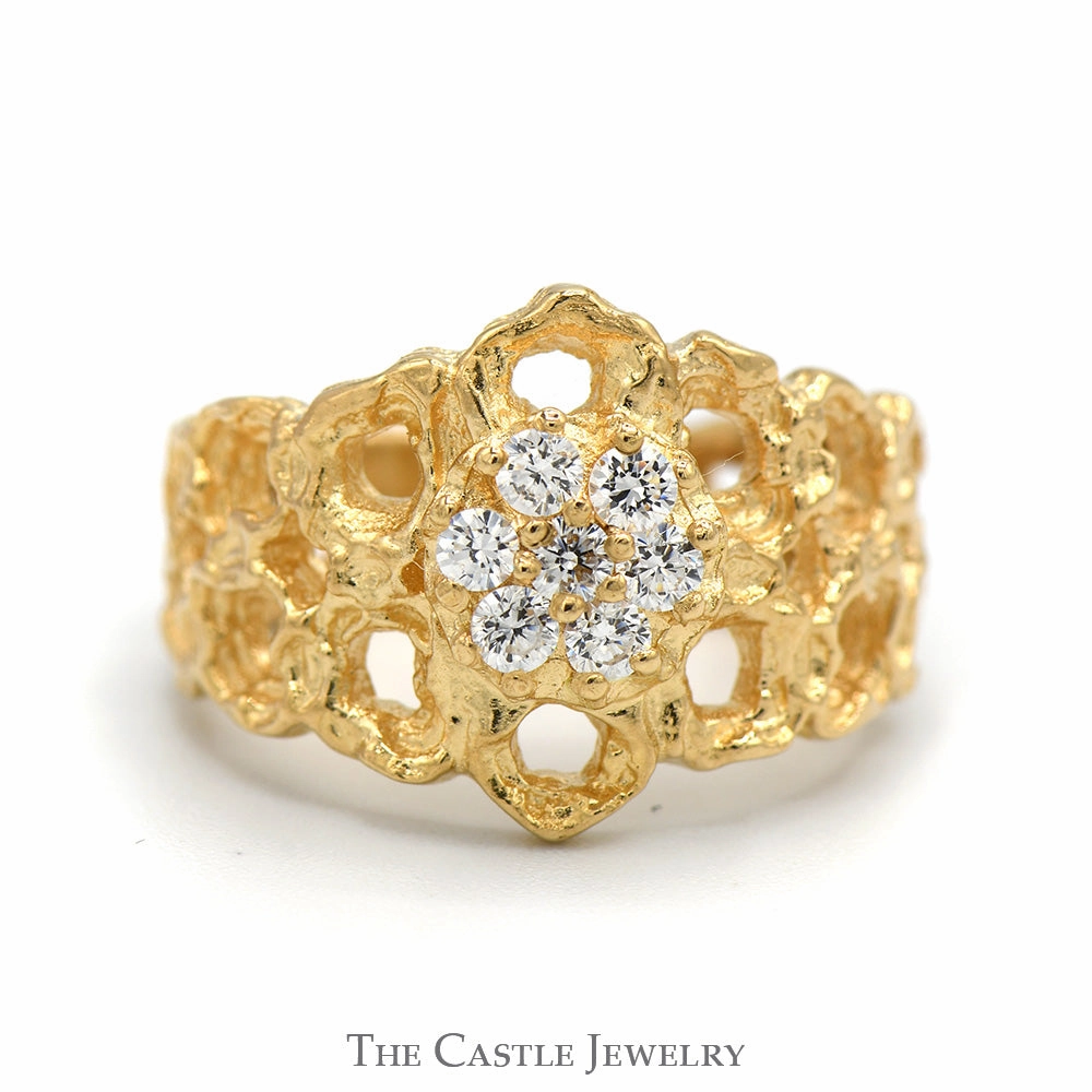 Nostalgic Design Round Cubic Zirconia Cluster Ring with Open Nugget Designed Sides in 14k Yellow Gold