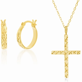 My Bible Sterling Silver Diamond Cut Cross Necklace and Hoop Earrings 2pc Set Classic Boy Engagement Style