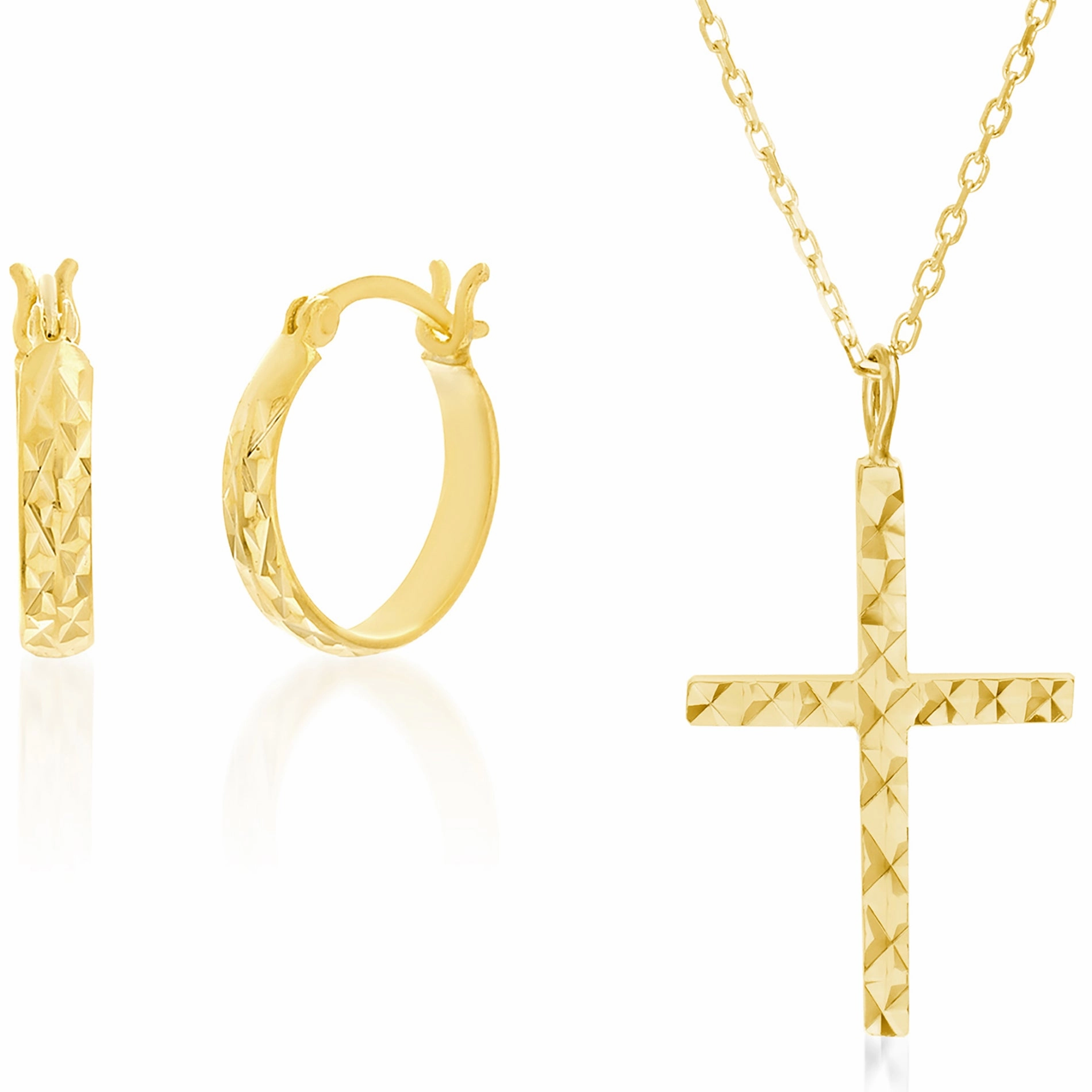 My Bible Sterling Silver Diamond Cut Cross Necklace and Hoop Earrings 2pc Set Classic Boy Engagement Style