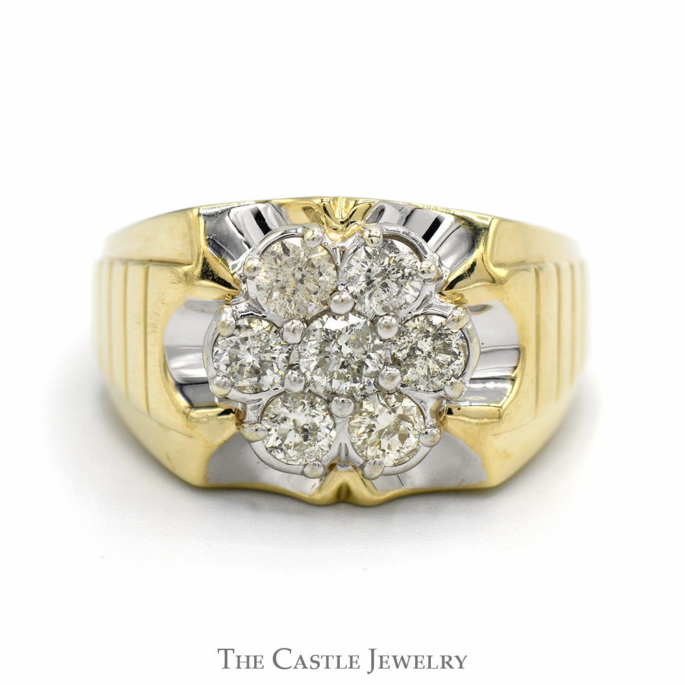 1.5cttw Round 7 Diamond Cluster Ring with Grooved Sides in 10k Yellow Gold Durable Statement