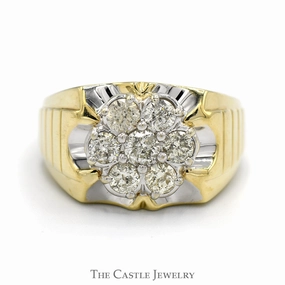 1.5cttw Round 7 Diamond Cluster Ring with Grooved Sides in 10k Yellow Gold Durable Statement