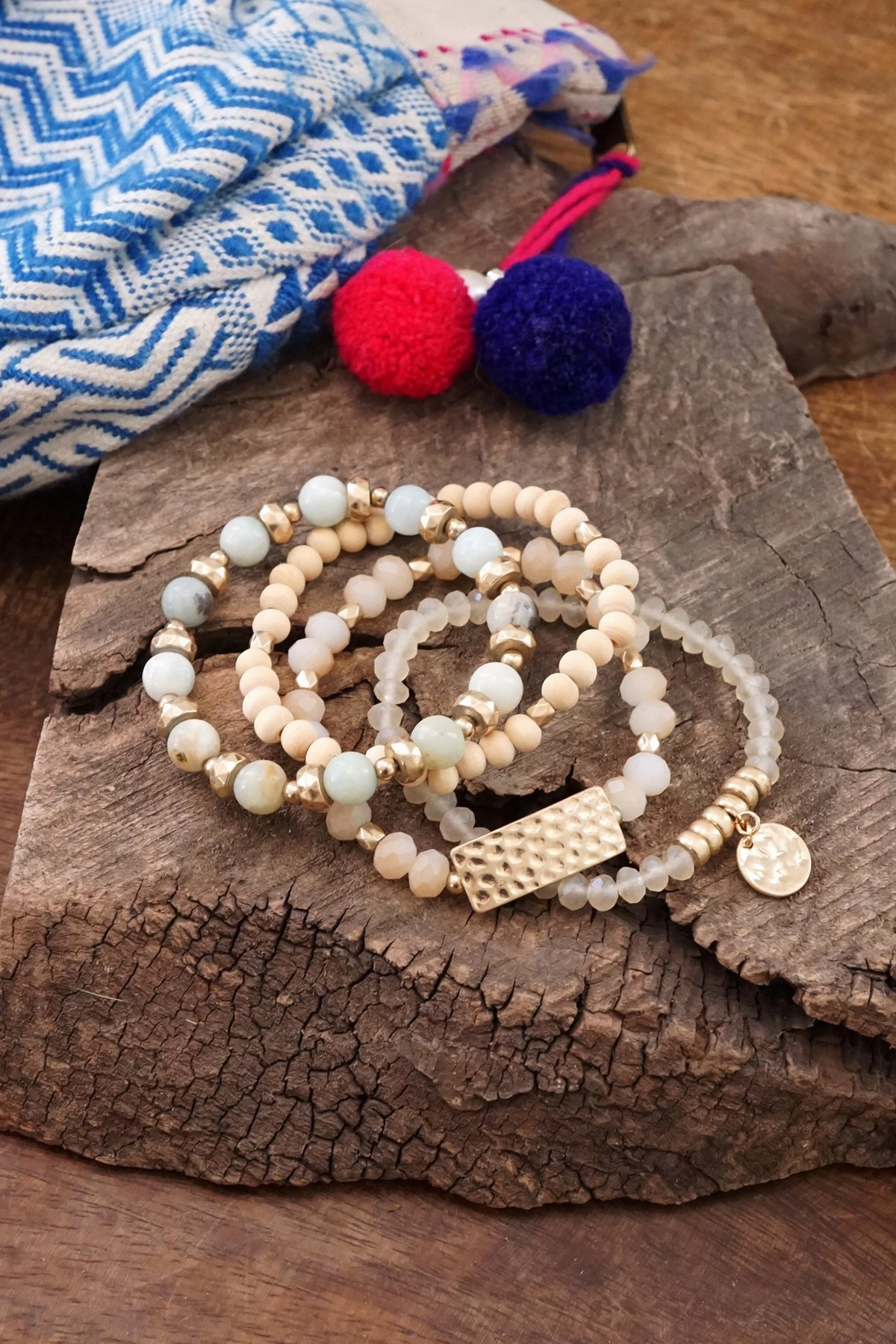 Beaded Bracelets stack of 4 piece with Natural Wood and Semi Precious Amazonite stones glass golden coin Countless Amalgamations Casual Chic