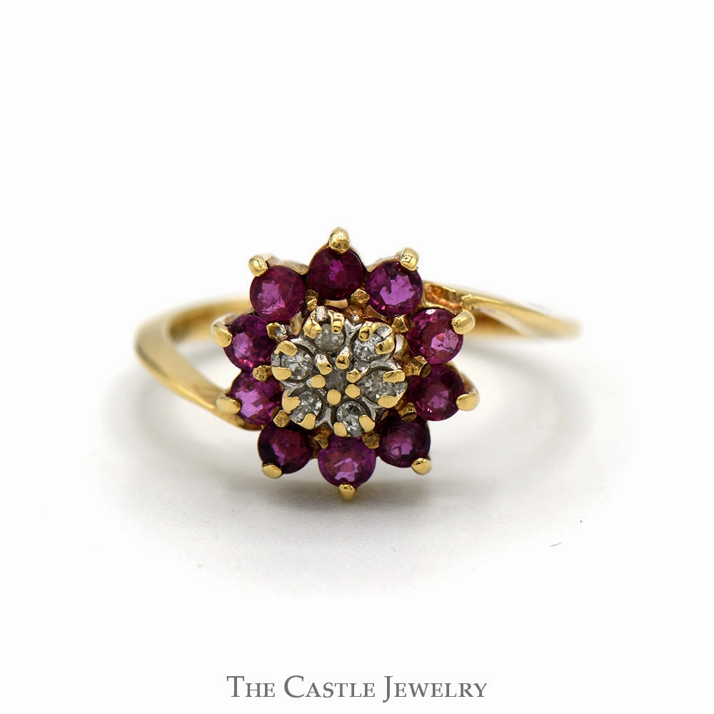 Classic Finish Ruby & Diamond Flower Cluster Ring in 10k Yellow Gold Bypass Setting