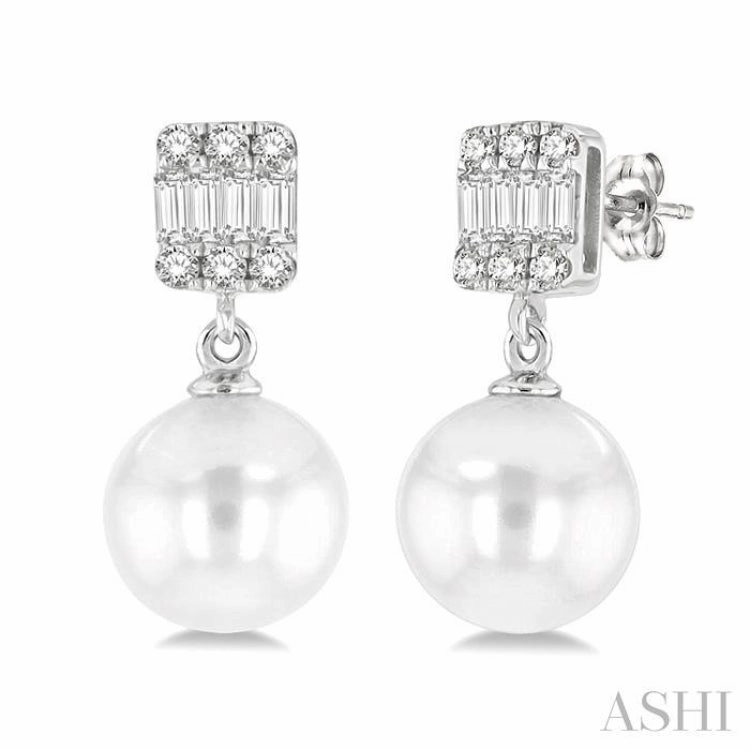 Delicate Piece Wedding accessory 6 MM Cultured Pearls and 1/10 Ctw Baguette and Single Cut Diamond Earrings in 14K White Gold