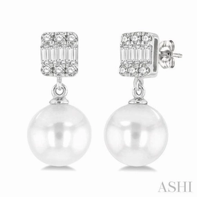 Delicate Piece Wedding accessory 6 MM Cultured Pearls and 1/10 Ctw Baguette and Single Cut Diamond Earrings in 14K White Gold